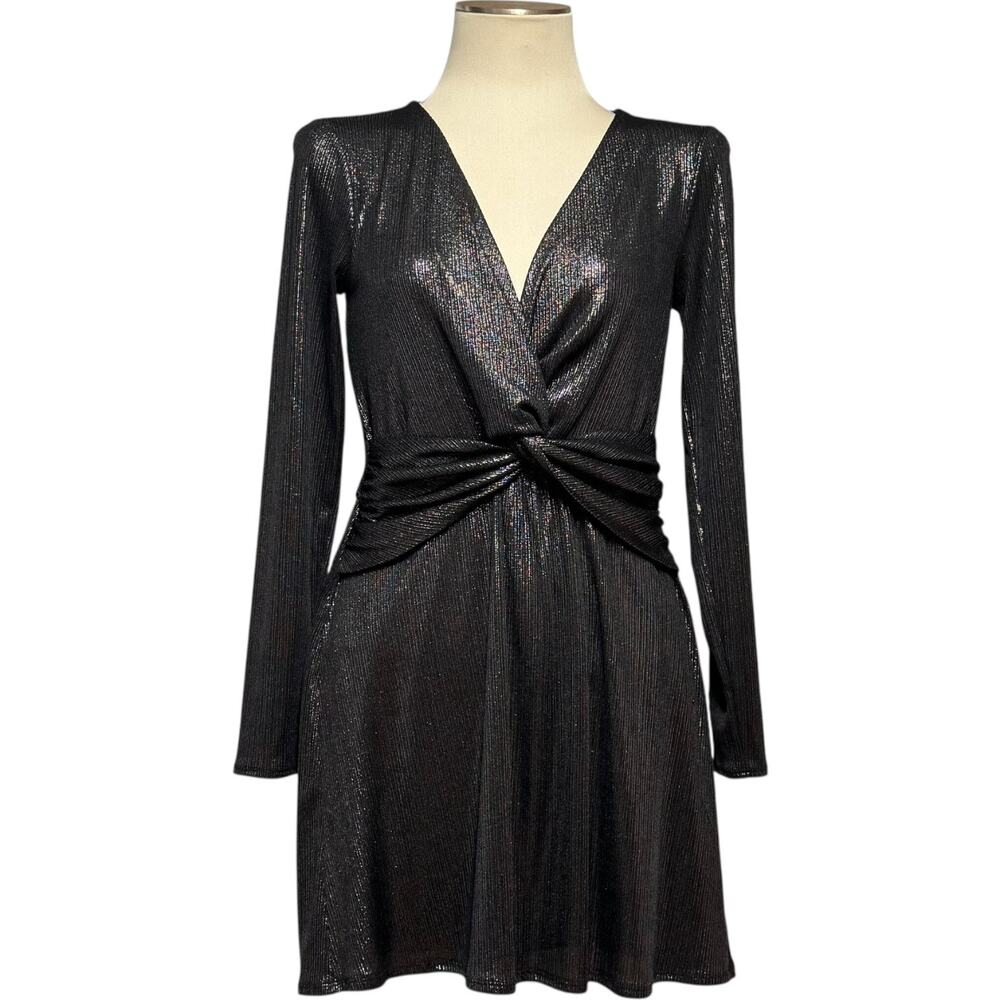 Altar'd State Long Sleeve Twisted Front Plunge Mini Dress Metallic Black Medium
